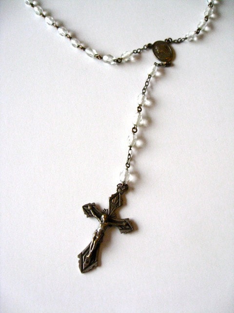 Old Vintage Crystal bead Rosary Metal Rosary with Crucifix