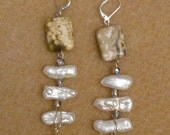 Long Dangle Ocean Jasper with White Freshwater Pearl Earrings