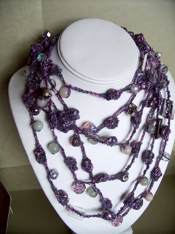 Long Strand Beaded Statement Lilac Blossom Italian Yarn Necklace with Jade, Mother of Pearl, and Fire Polished Crystals