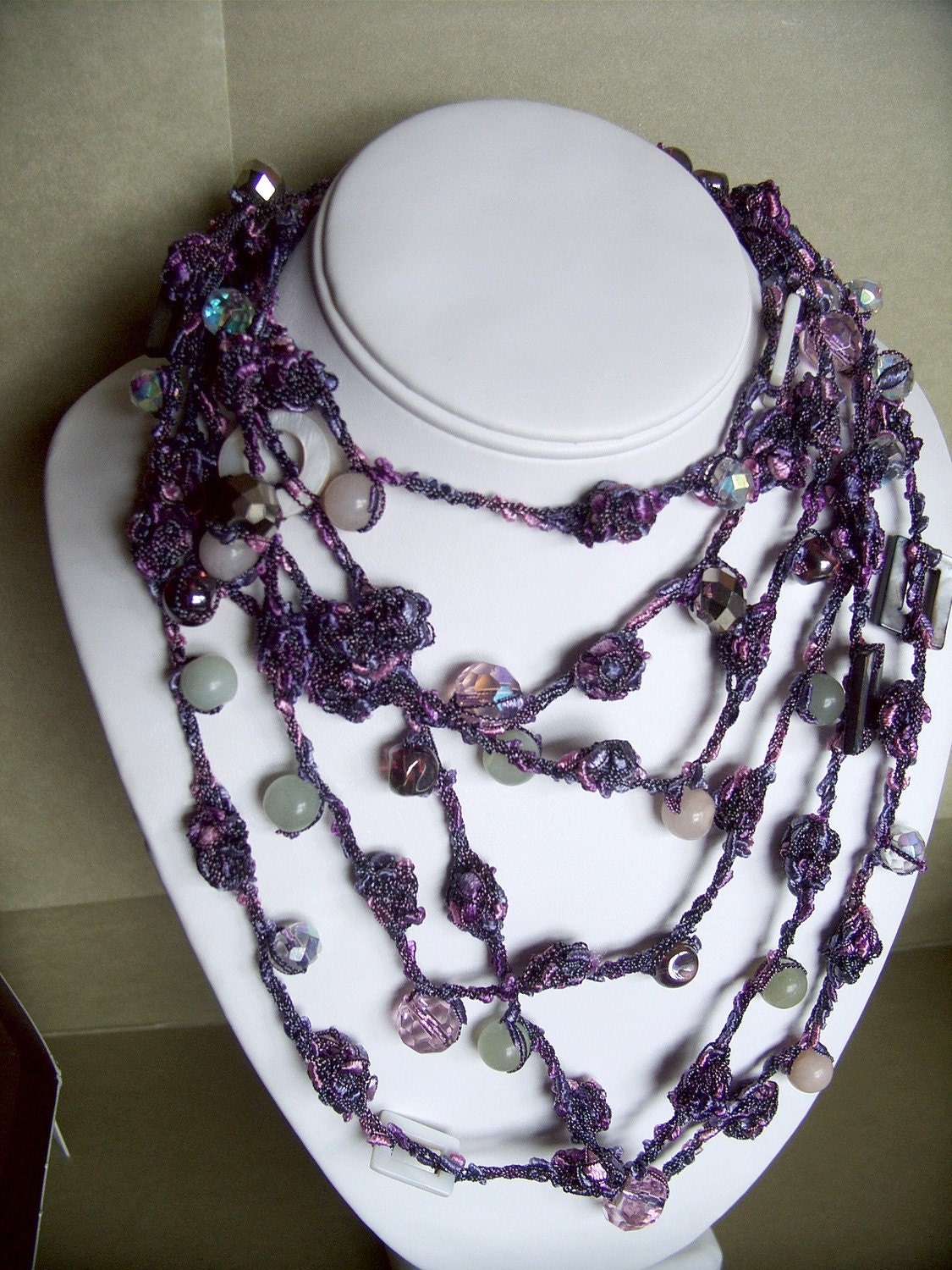 Long Strand Beaded Statement Lilac Blossom Italian Yarn Necklace with Jade, Mother of Pearl, and Fire Polished Crystals