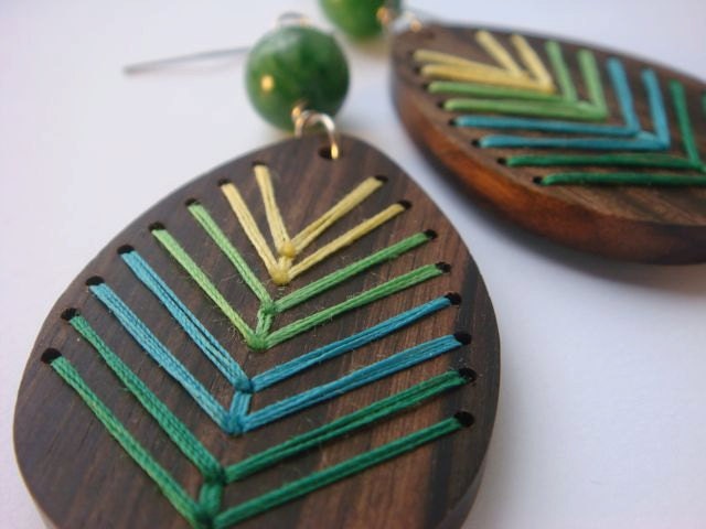 LAKE Earrings    FREE SHIPPING Embroidered Wood Chevron Earrings Ebony with Green and Yellow