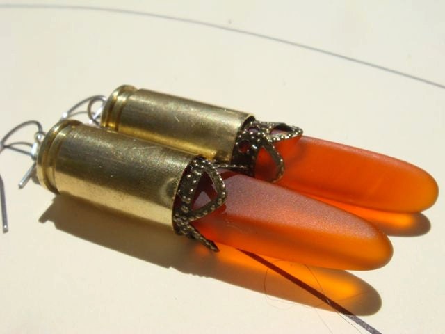 EARRINGS on the cover of DECIBEL MAGAZINE---Femme Fatale Orange Sea Glass and Bullet Earrings-----free shipping