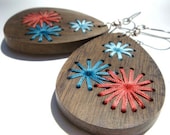 Embroidered Wood Earrings--Free Shipping