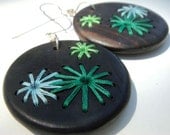 Retro Style Hand Embroidered Wood Earrings 70s Fireworks Flowers--Free Shipping