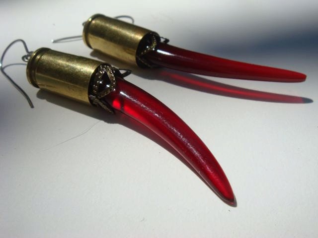 RED FANG HUNTER earrings ------Red Resin Tusk and Bullet Earrings Free Shipping