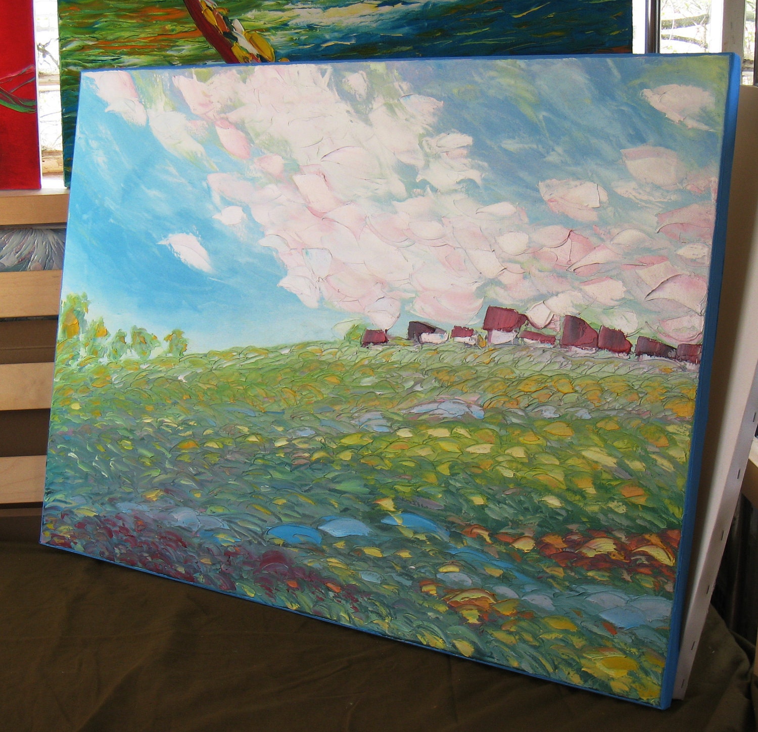 Pink clouds - FREE SHIPPING - Large 39"x28" Original Oil Painting - ready to hang palette knife impasto