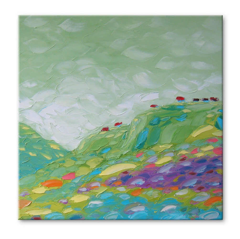 Green Mountain FREE SHIPPING Original Oil Painting on Canvas Palette Knife - by SOLOMOON - gallery fine art ready to hang 23x23 impasto