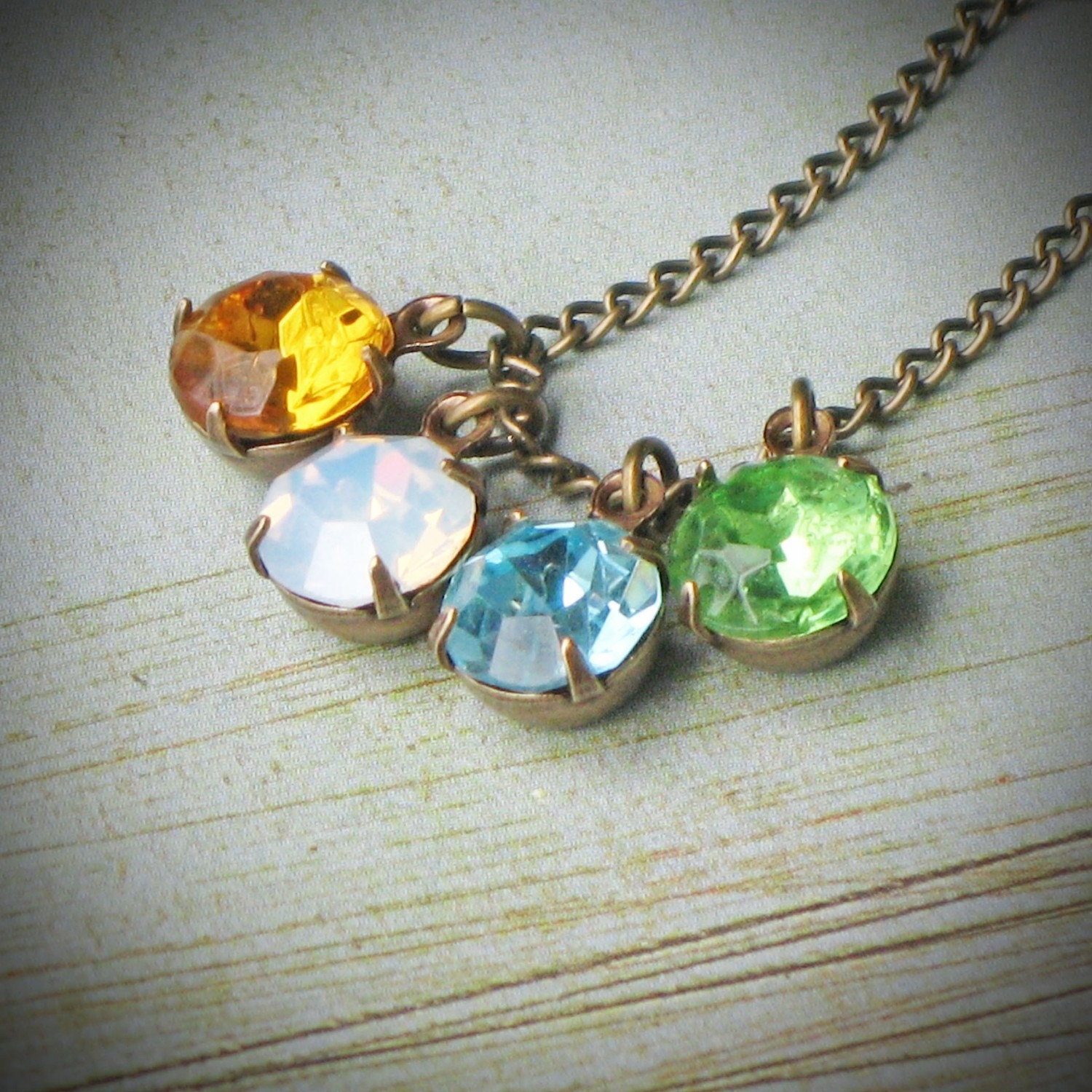 Vintage Rhinestone Birthstone Necklace, Mother's Day,  Four Stones