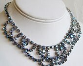 Vintage 50s Iridescent Blue Faceted Glass Rhinestone Designer Glamour Girl Choker Necklace