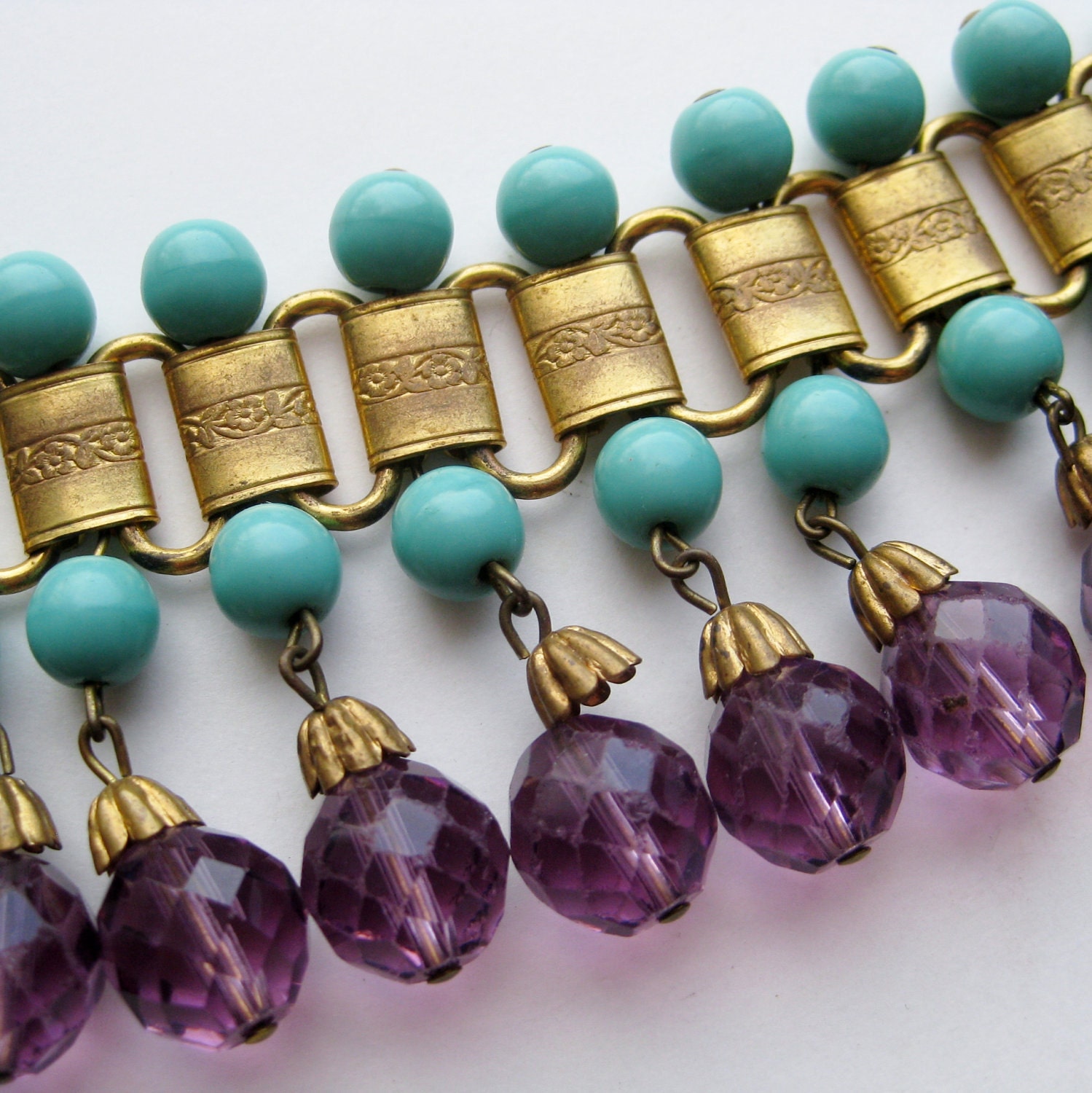 Reserved - Vintage 50s Miriam Haskell Style Eqyptian Revival Gold Link Amethyst Glass Bead Designer Bracelet