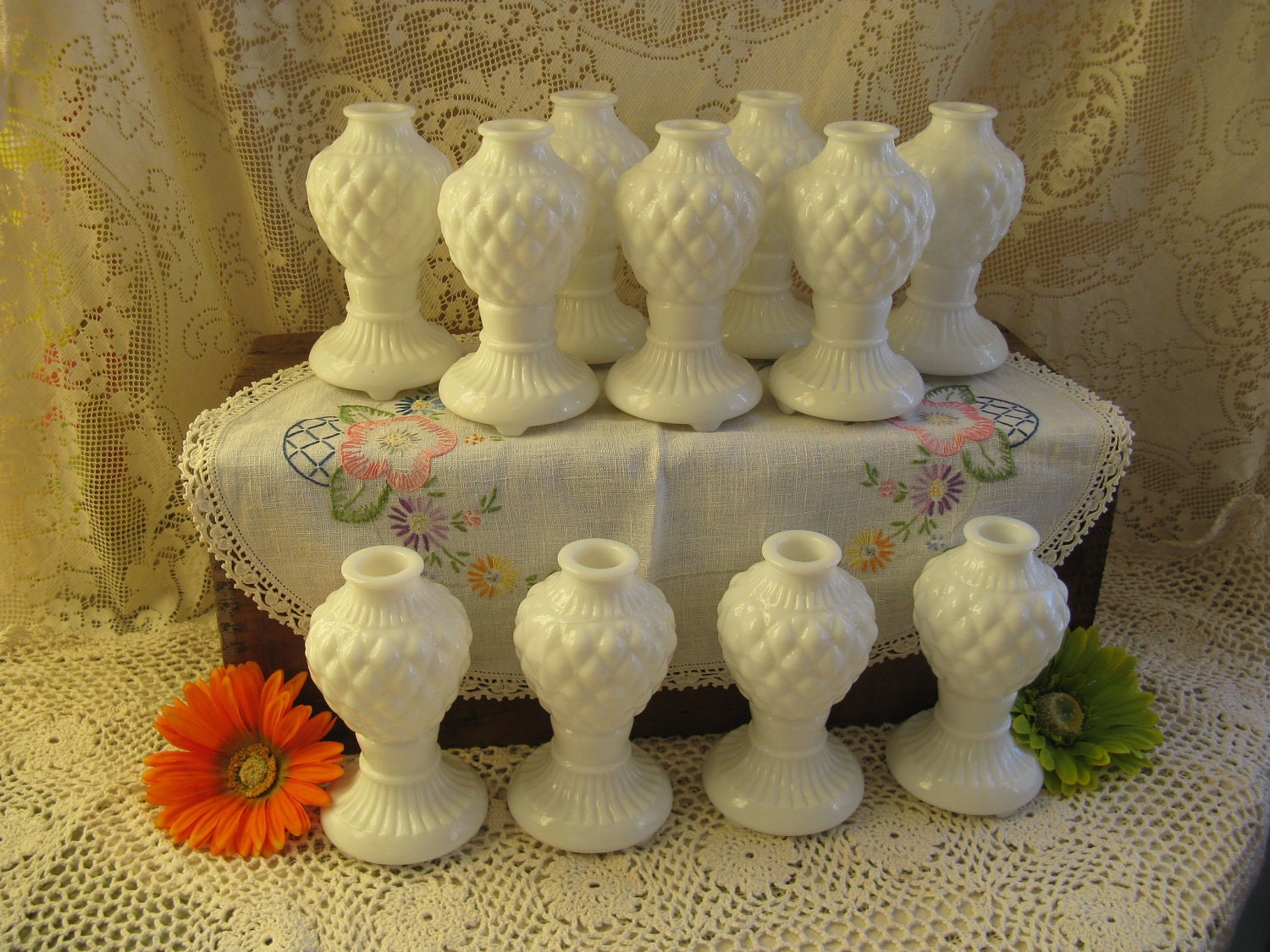 milkglass bud vase collection set of 11 weddings garden parties centerpieces cottage shabby country