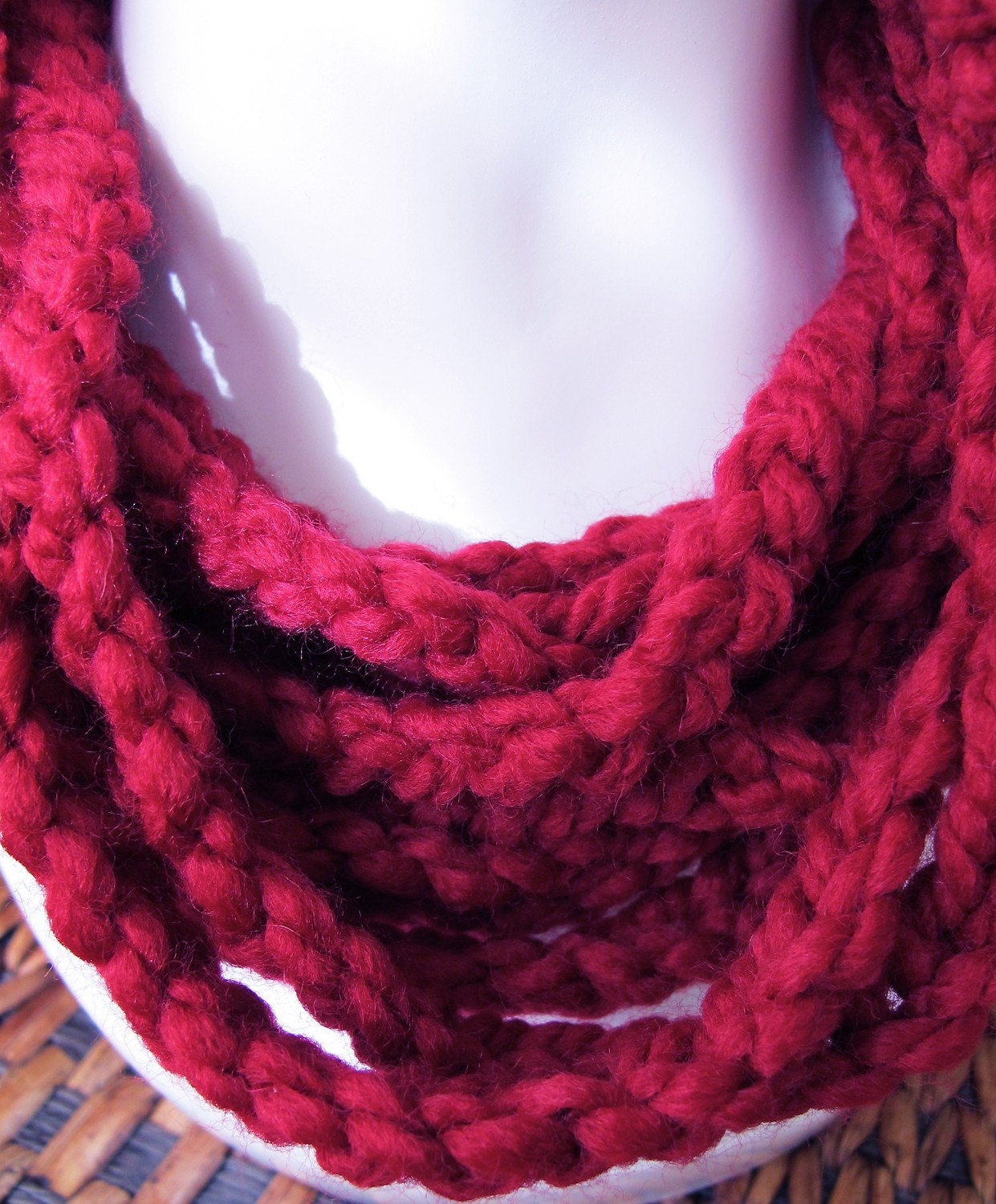 Cowl of Crocheted Chains Neckwarmer in Cranberry Red 28 Inch Circumference