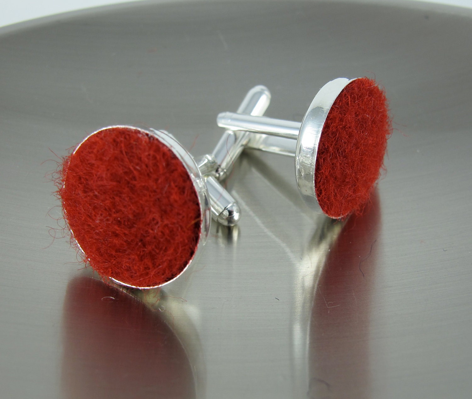 Cufflinks, Red Felted Wool from Old Recycled Sweater, 19 mm. Silver Plate, Nickel and Lead Free
