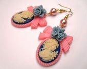Sweet Lolita Kitschy Cute Earrings -My Sweet Lady - Dark Navy Blue Vintage Style Lady Cameos with Cute Baby Pink Bow Setting - Fairy Lolita