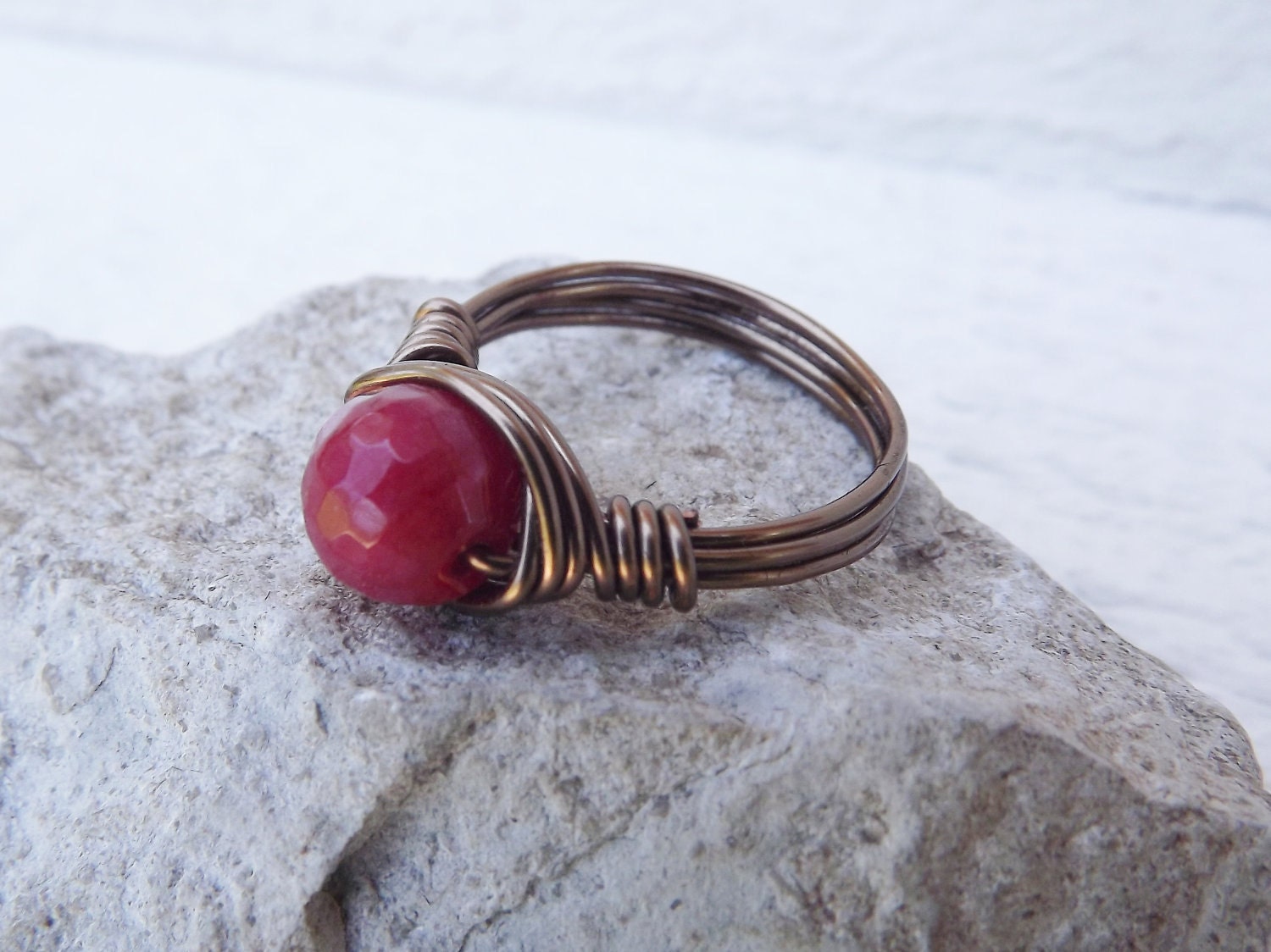Dark pink jade and silver wire wrapped ring free shipping