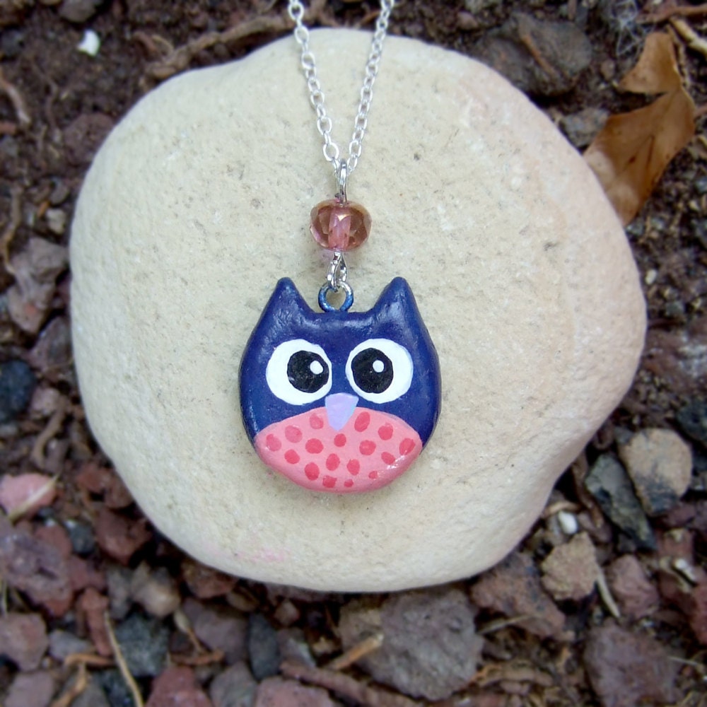 Blue and pink clay owl charm necklace, with pink crystal, and a heart in the back