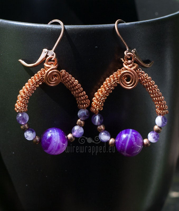 Amethyst, purple agate and copper wire wrapped earrings