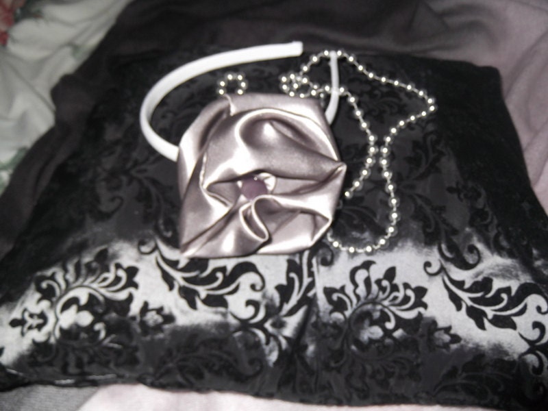 Silver Grey flower on a white headband. Flower girl accessory. Free shipping if ordered with a dress. Matching hair accessories