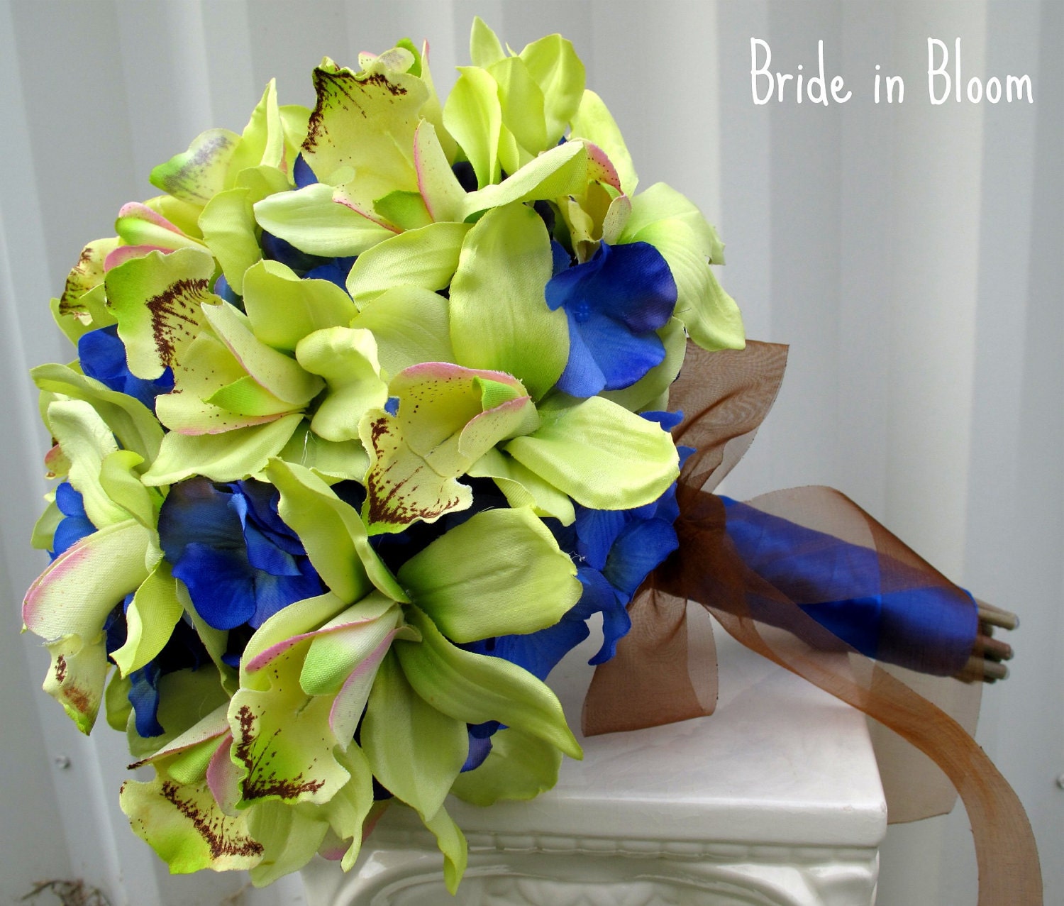 Wedding bouquets green orchids royal blue silk bridal flowers