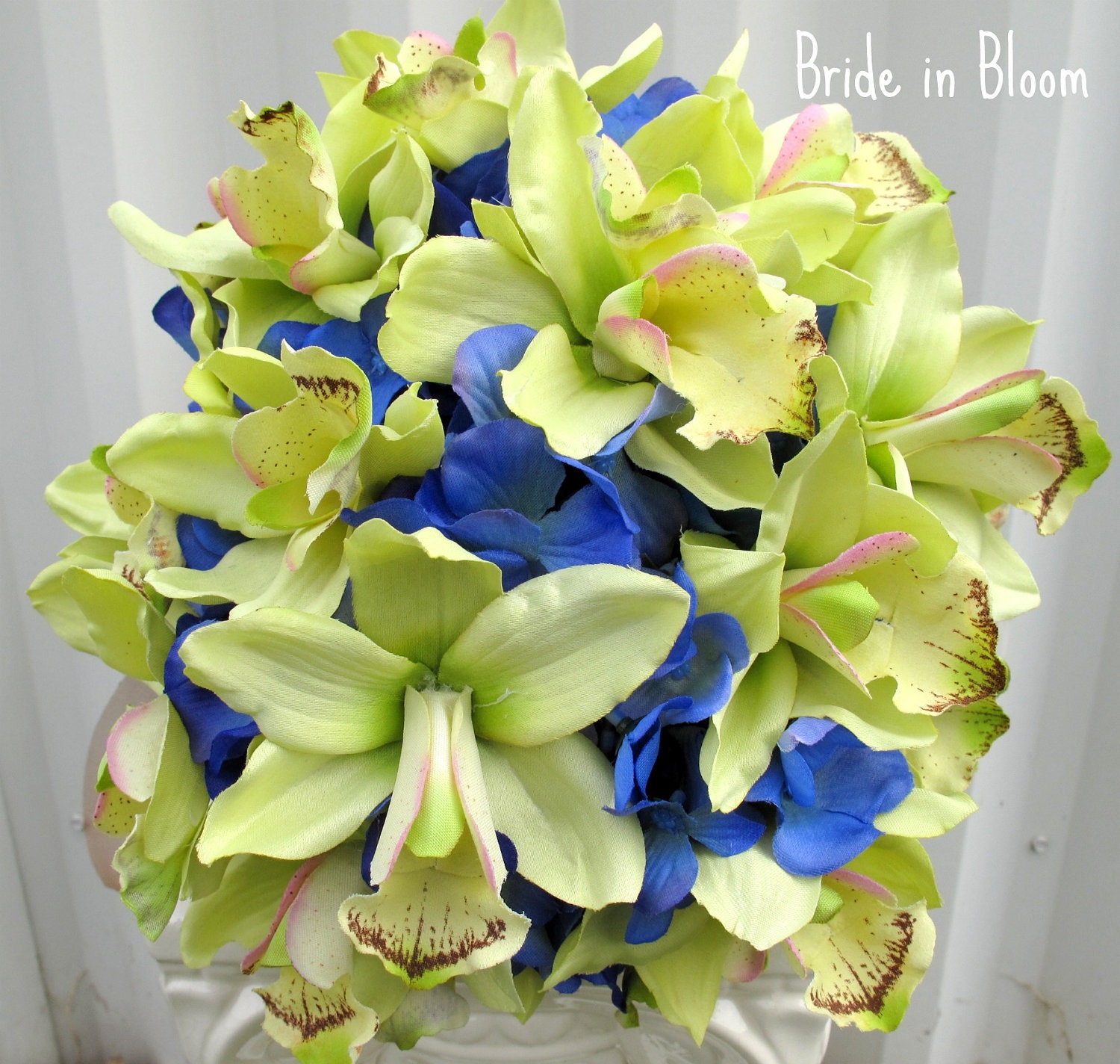 Wedding bouquets green orchids royal blue silk bridal flowers