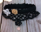 Hand Crocheted Black Garter with 20 Amber/Gold Beads and Three Flower Pins