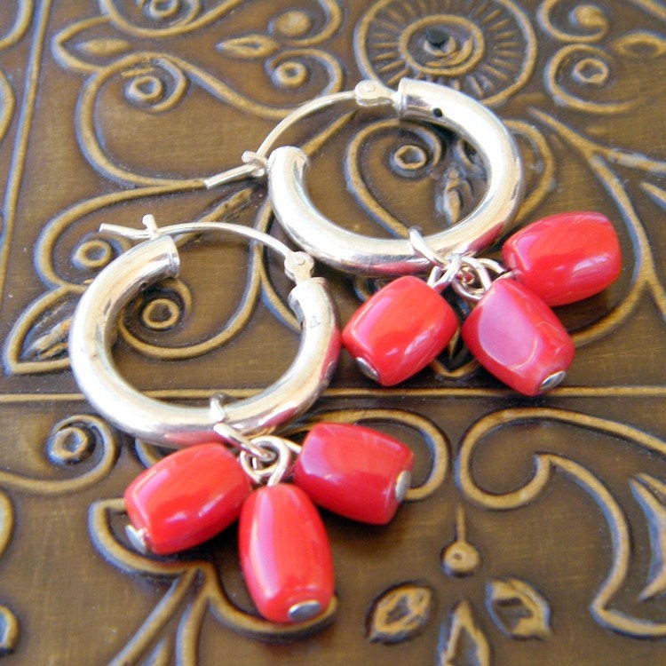 Red Coral Dangling Hoop Earrings