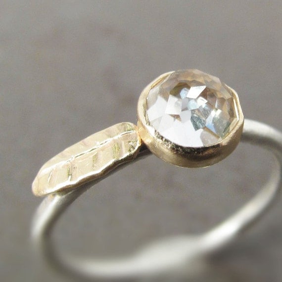 Rose Cut White Topaz Leaf Stack Ring, Diamond Clear 14k Gold and Silver