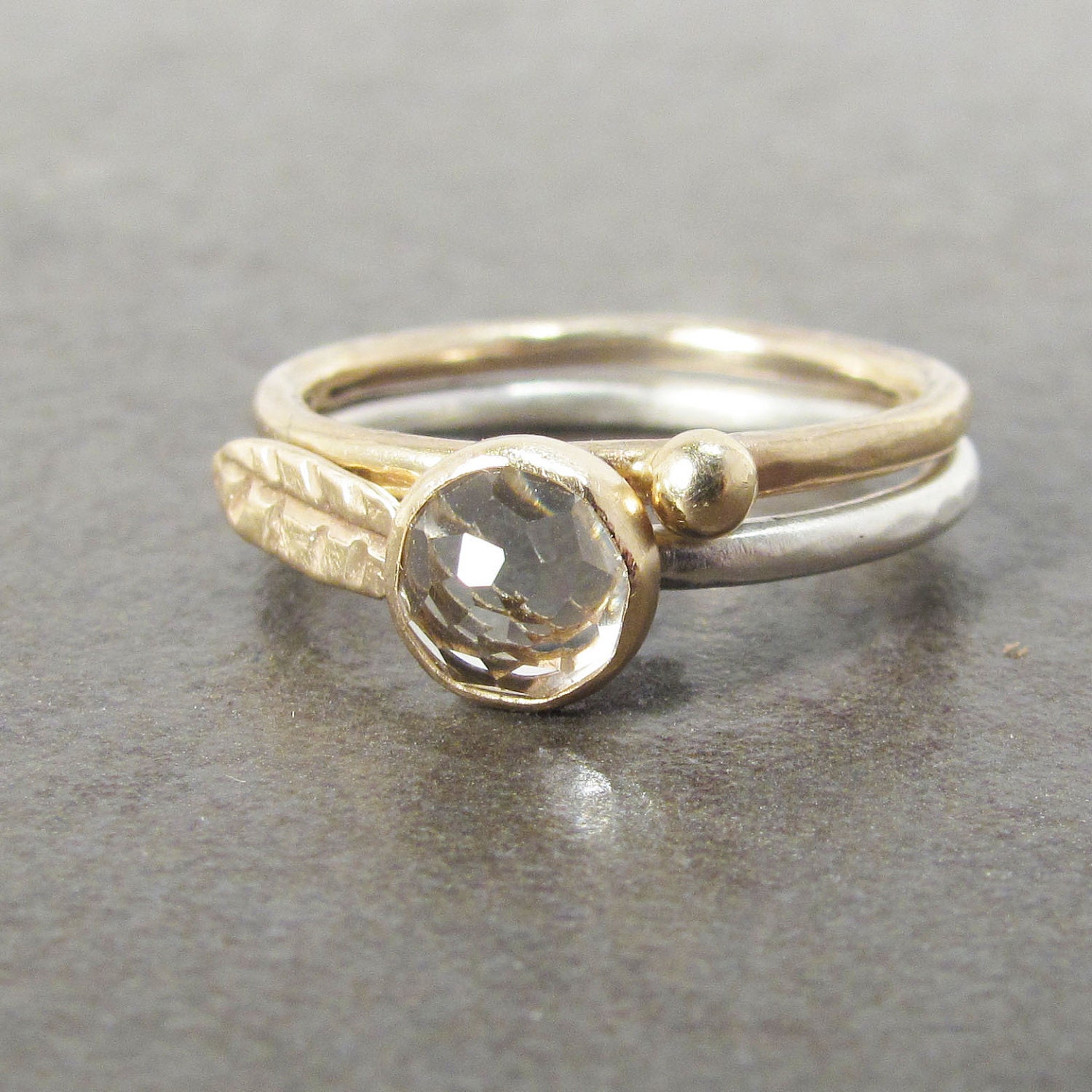 Rose Cut White Topaz Leaf Stack Ring, Diamond Clear 14k Gold and Silver