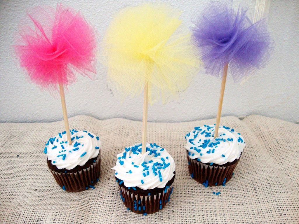 Fun Tulle Pom Pom Cup Cake Toppers by AnnaHailey on Etsy