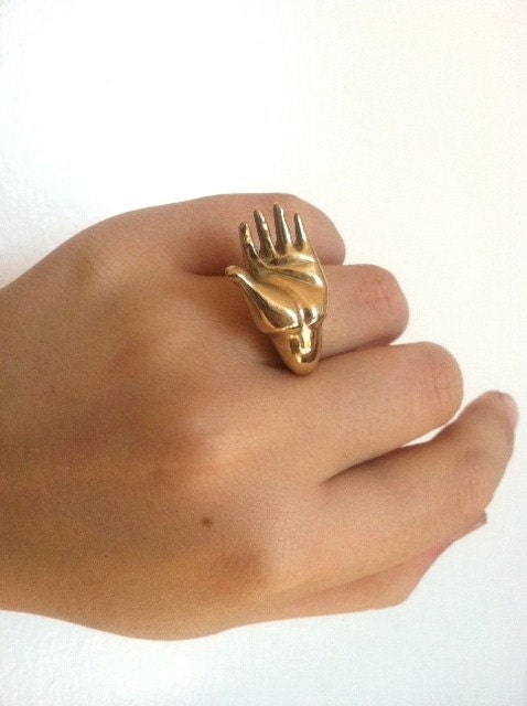 Brass Hand Cocktail Ring, Hand Carved