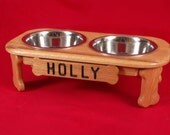 Elevated Dog Feeder Oak 6 Inch High  Two Quart Stainless Steel Bowls FREE NAME and STAIN