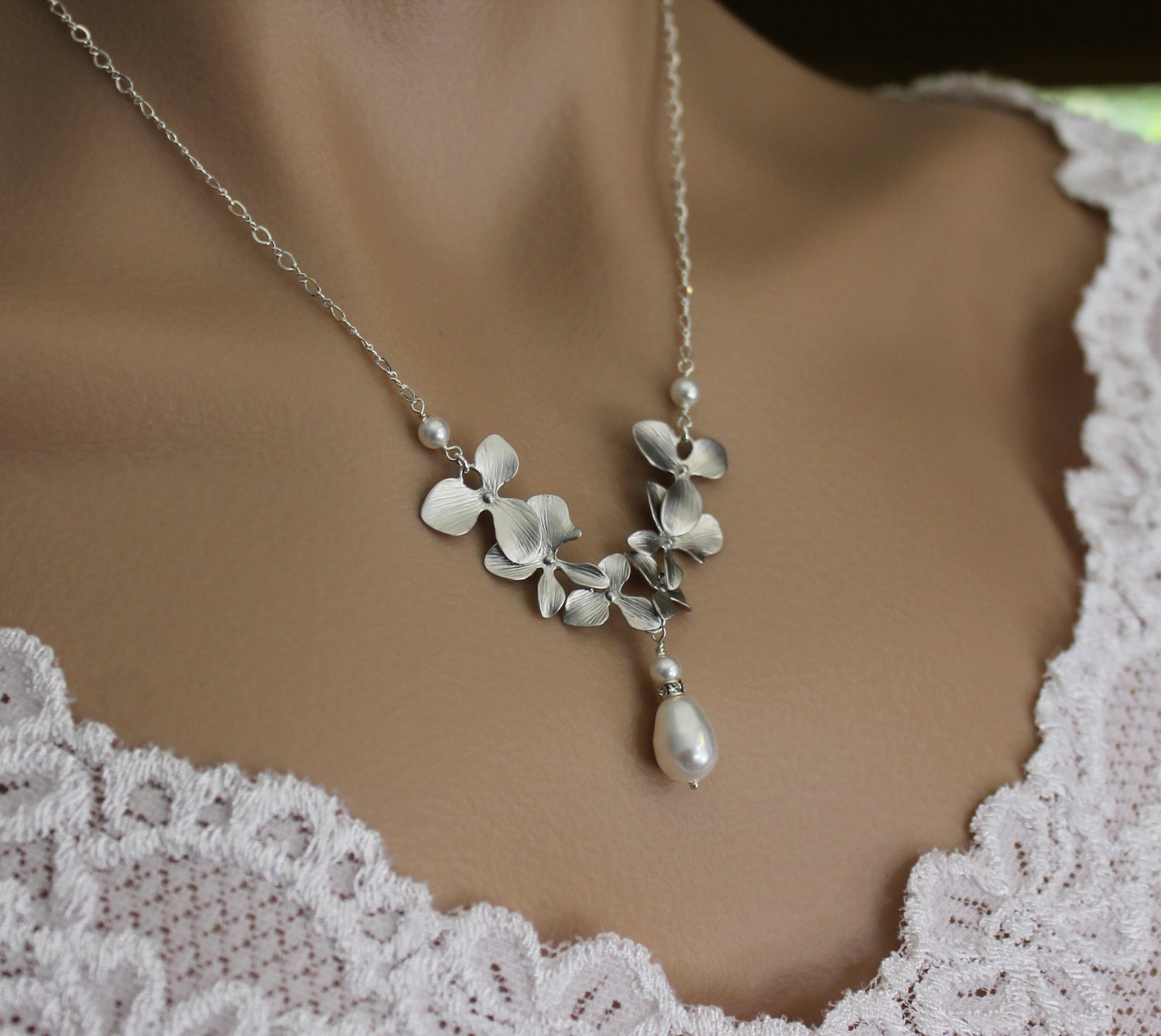 Bridal Necklace, Silver Orchid and Pearl Necklace, Wedding Jewelry, Bridesmaid Jewelry, Bridesmaid Gift
