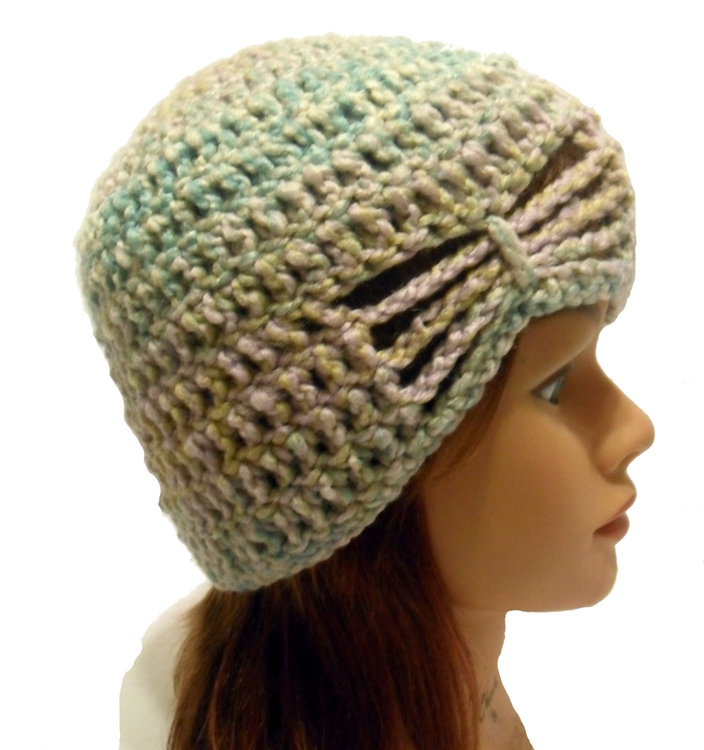 Crochet Invisibow Beanie Hat in Sunset Blue Pink Peach Purple Small