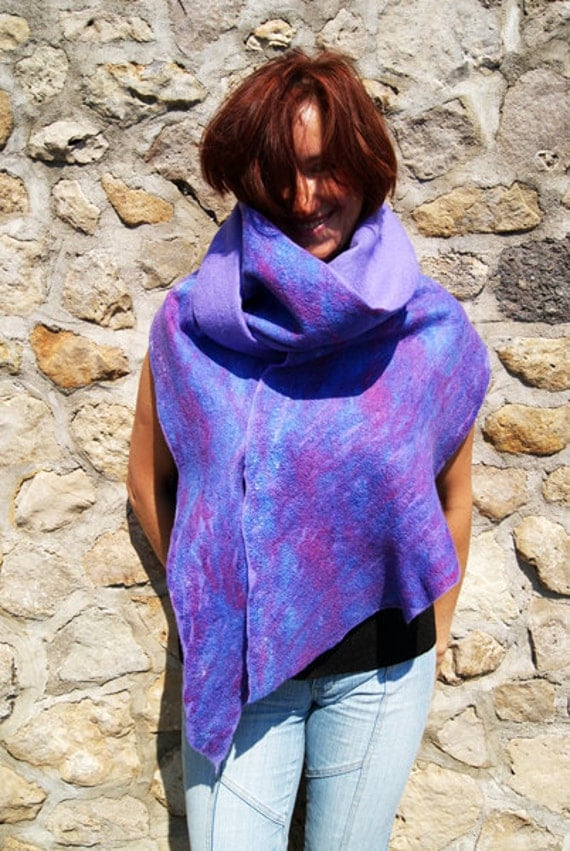 Felted Violet Purple Wool Shawl and Brooch (set)