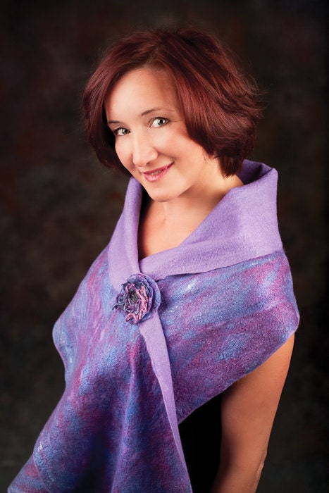 Felted Violet Purple Wool Shawl and Brooch (set)