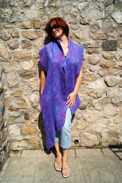 Felted Violet Purple Wool Shawl and Brooch (set)