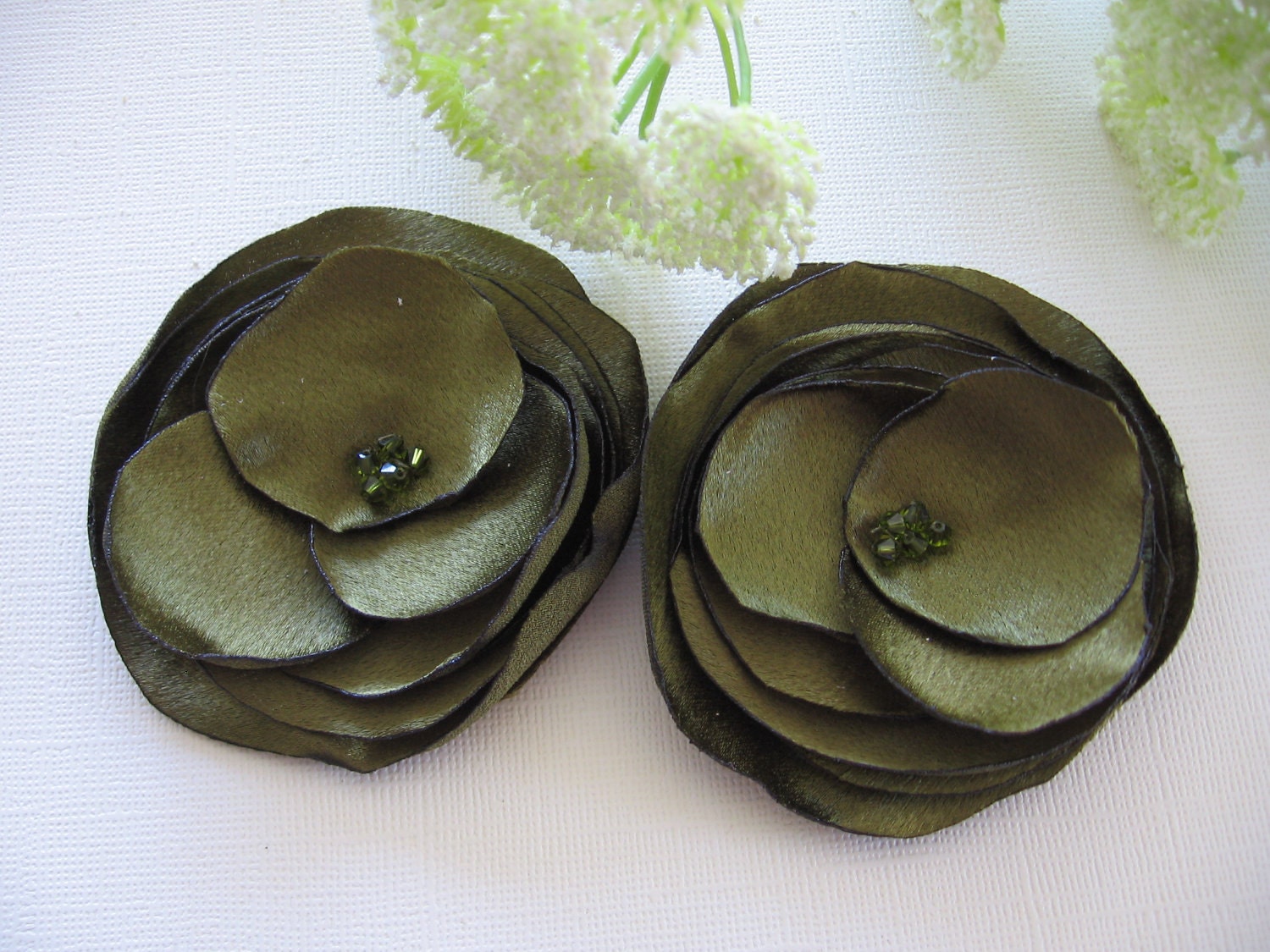 fabric flower bobby pin, shoe clips or brooch pins olive green satin