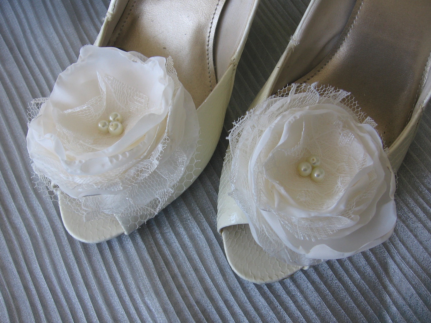 Ivory fabric flower shoe clips for bridal, wedding, special occasion