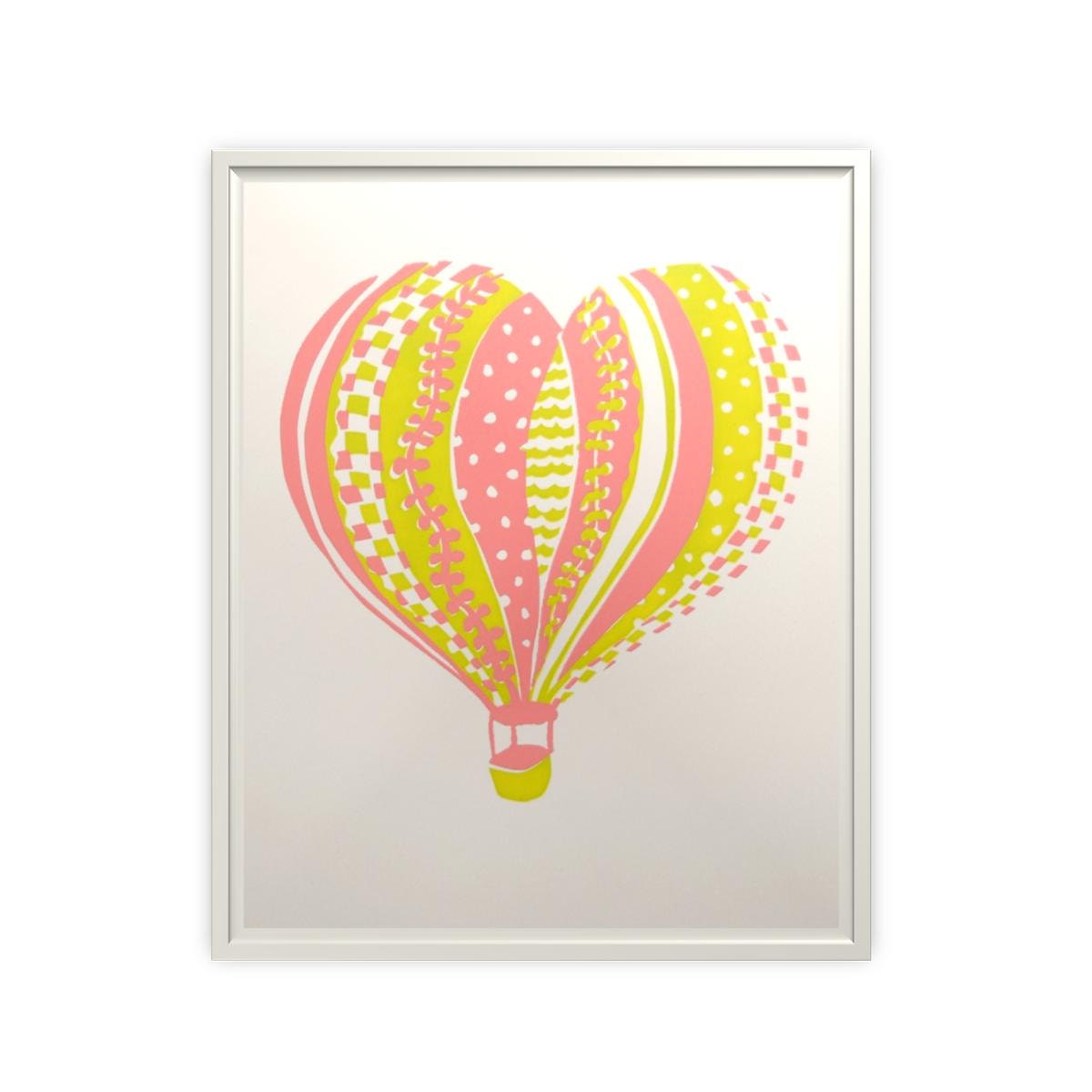 Heart Air Balloon - Silkscreen Art Print - Green Pink - 8 x 10 Poster - Limited Edition