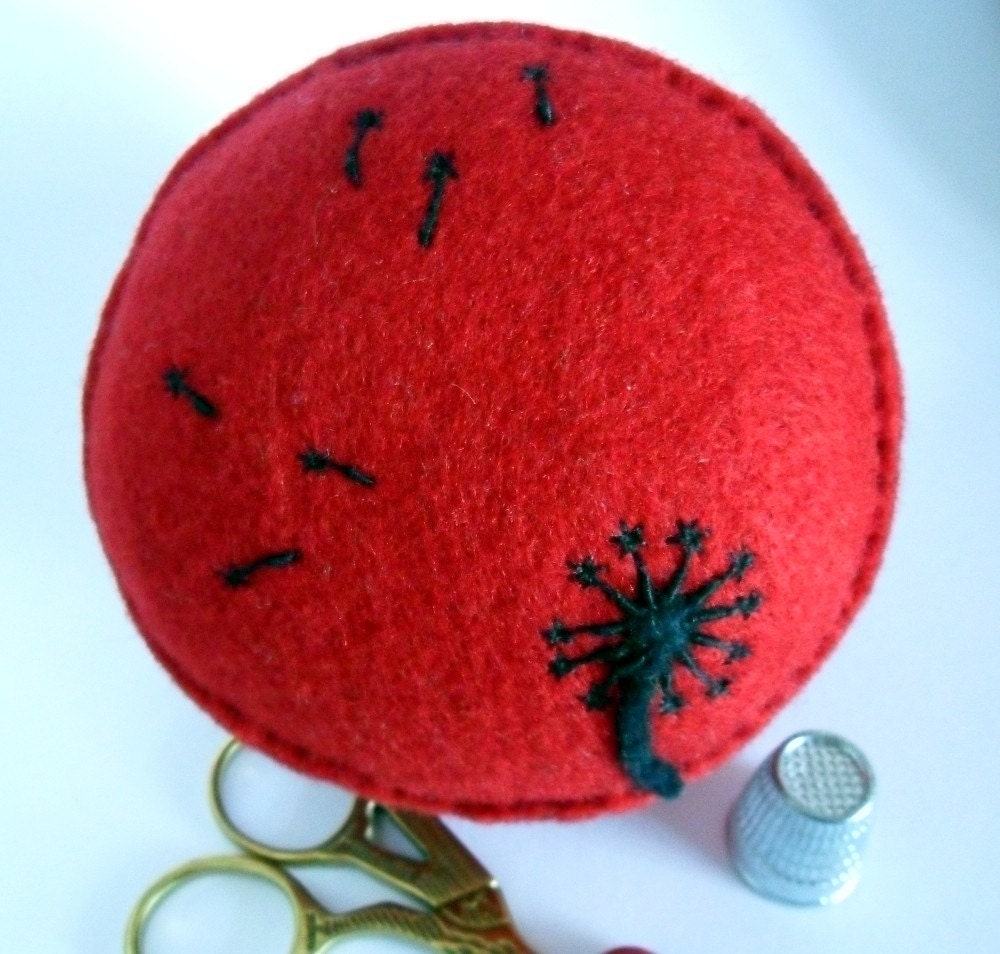 SALE - Pincushion - Black dandelion sillouette, red handsewn felt