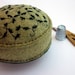 SALE - Pincushion Green Ivy vine curls on light moss green recycled felt handsewn embroidered