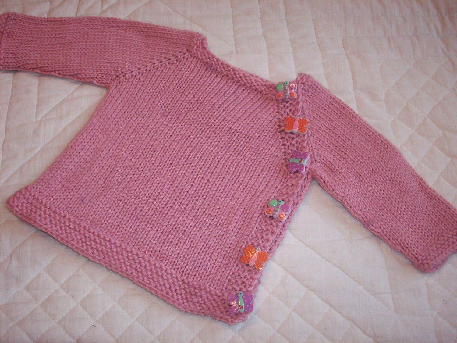Carnation Pink Baby Sweater Hand Knit in Superwash Merino Wool 0-3 Month