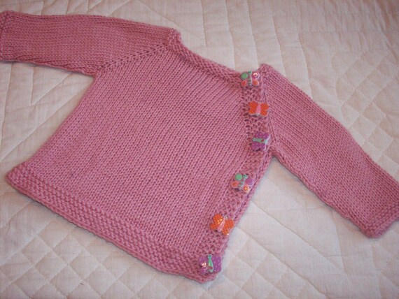 Carnation Pink Baby Sweater Hand Knit in Superwash Merino Wool 0-3 Month