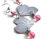 Heart Earrings  Pink Tourmaline Hammered Sterling Silver   -  Sweetheart