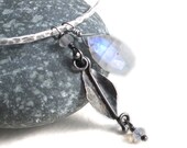 Hammered  Bangle Bracelet Rainbow Moonstone  Sterling Silver Leaf Charm   -   Moonflowers