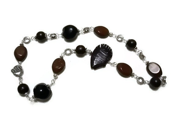Black Brown African Tribal Fish Necklace,  Ecofriendly Vintage Recycled Beads