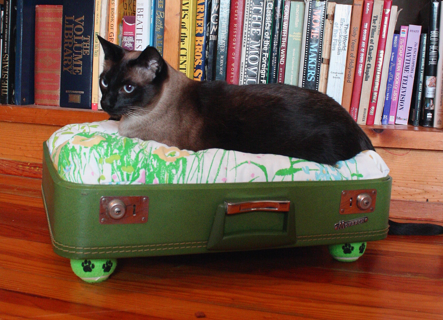 SnuggyLuggage Suitcase Pet Bed Vintage Upcycled Cat Dog Olive Green Paw Print Tennis