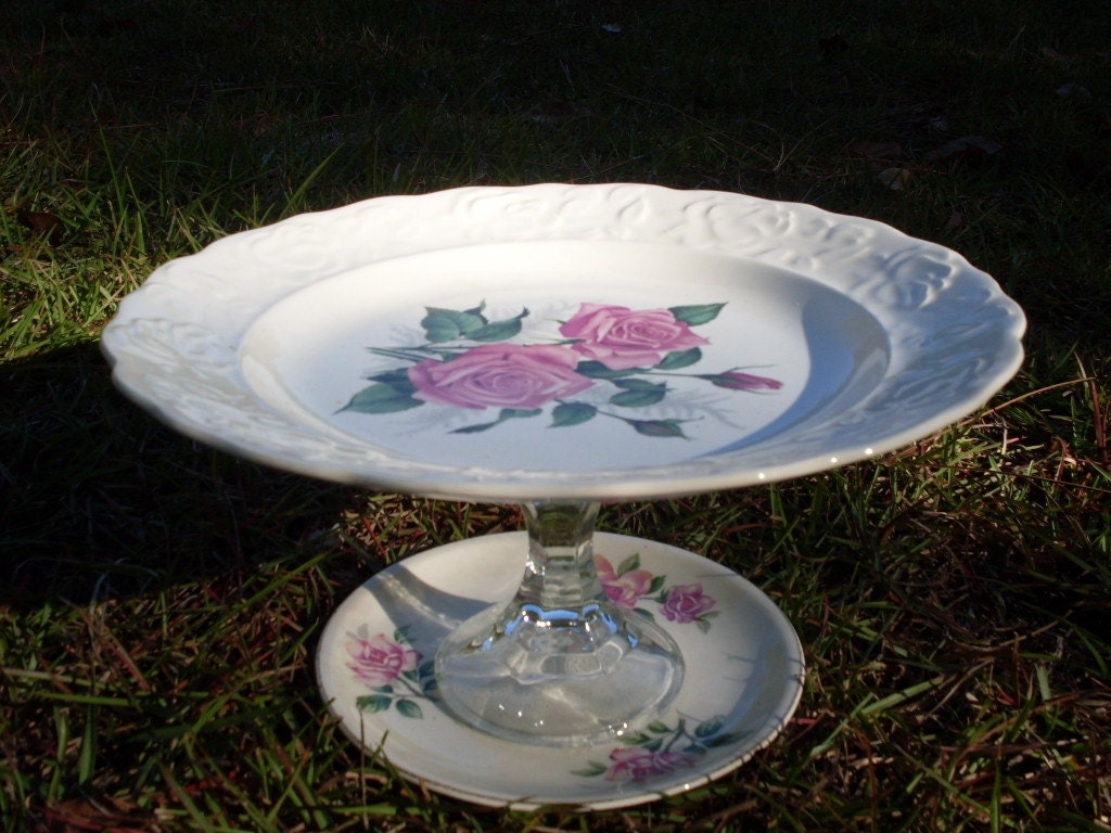 Shabby Roses Pedestal Cake Stand TREASURY ITEM