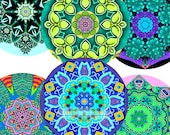 Pocket Mirror Digital Art Mandalas Kaleidoscopes Lots of Blue Green TWO Sheets 12 Designs MIRRORS 8