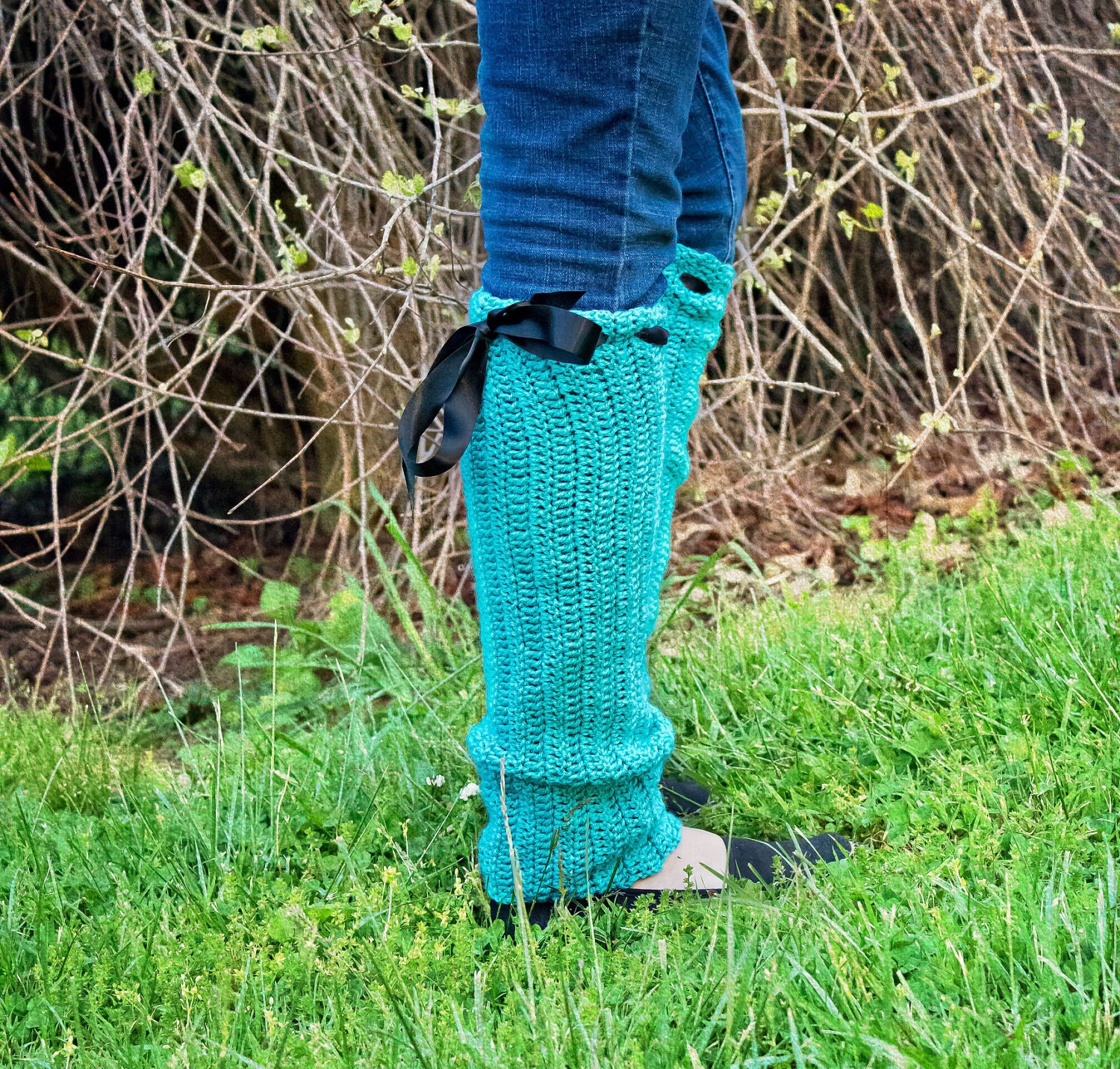 Brigitte inspired crochet fashion leg warmers in Dark Aqua with Black ribbon